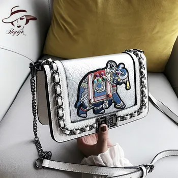 

New Vintage Embroidery Elephant Hand Bag Wide Strap Chain PU Leather Shoulder Crossbody Bags Bohemian Tote for Women Handbags