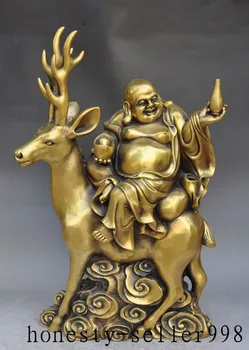 

wedding decoration 21"Chinese Bronze Wealth Yuanbao Ride Deer Happy Laugh Maitreya Buddha Statue