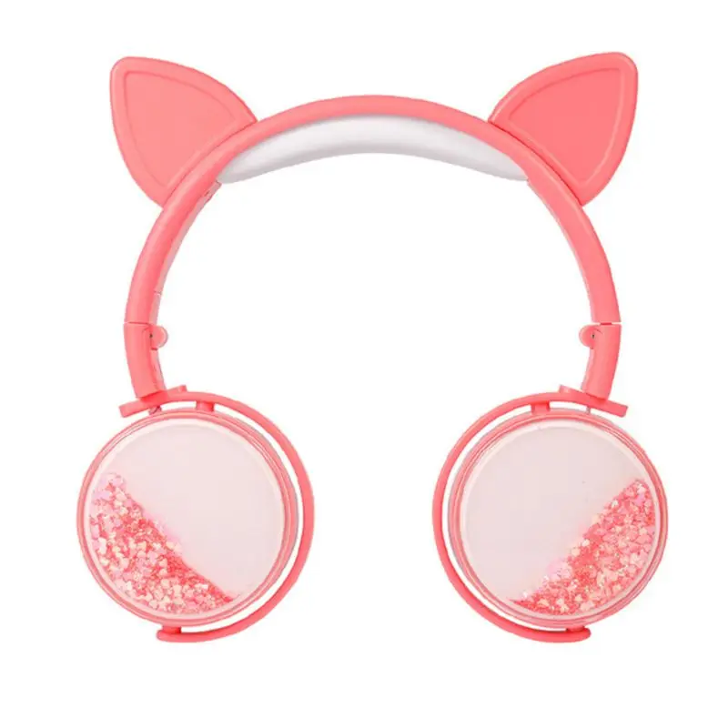 Girls Cat Ear Headset Quicksand Decor Music Sports Wired Headphones for Kids Gifts X6HA