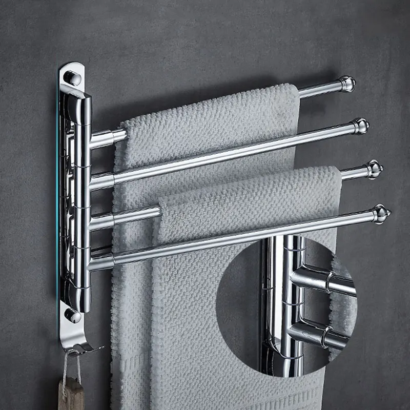 Stainless Steel Bathroom Swivel Towel Bar Hanger 4 Arm Swing Towel Rack With Hook Wall-Mounted Bathroom Storage Rack