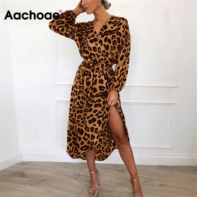 US $9.31 Aachoae Leopard Dress 2020 Women Vintage Long Beach Dress Loose Long Sleeve V-neck A-line Sexy Part