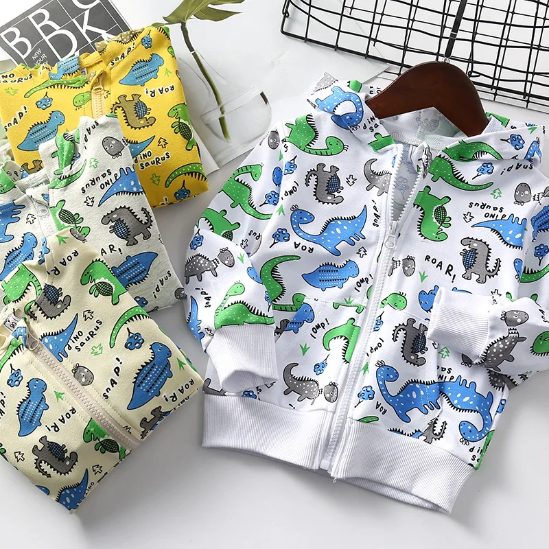 

1165 Cartoon Dinosaur Printed Child Hoodie 2020 Spring Hooded Casual Zip-up Shirt