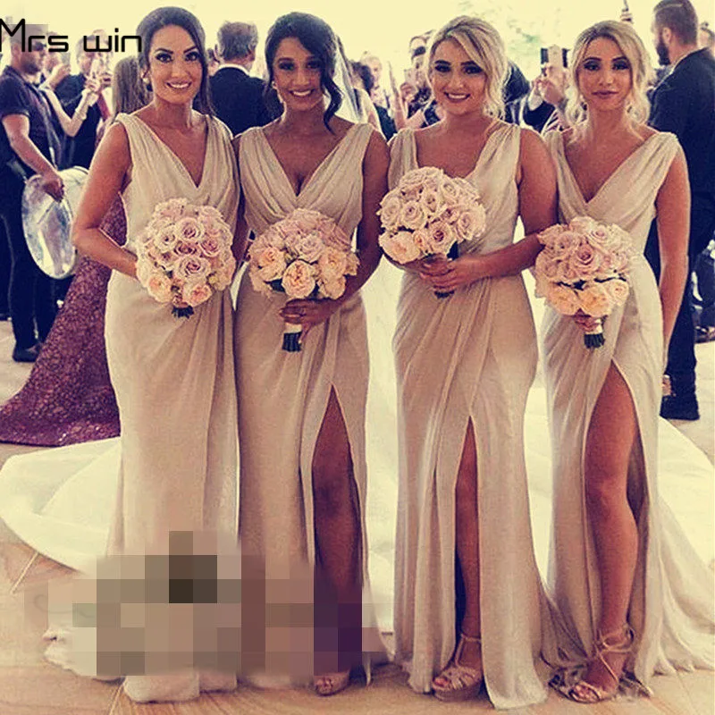 champagne Mrs win Элегантные платья невесты шифон Vestido Madrinha для девочек плюс размер сплит женское свадебное платье до 50 HR066 - Цвет: champagne