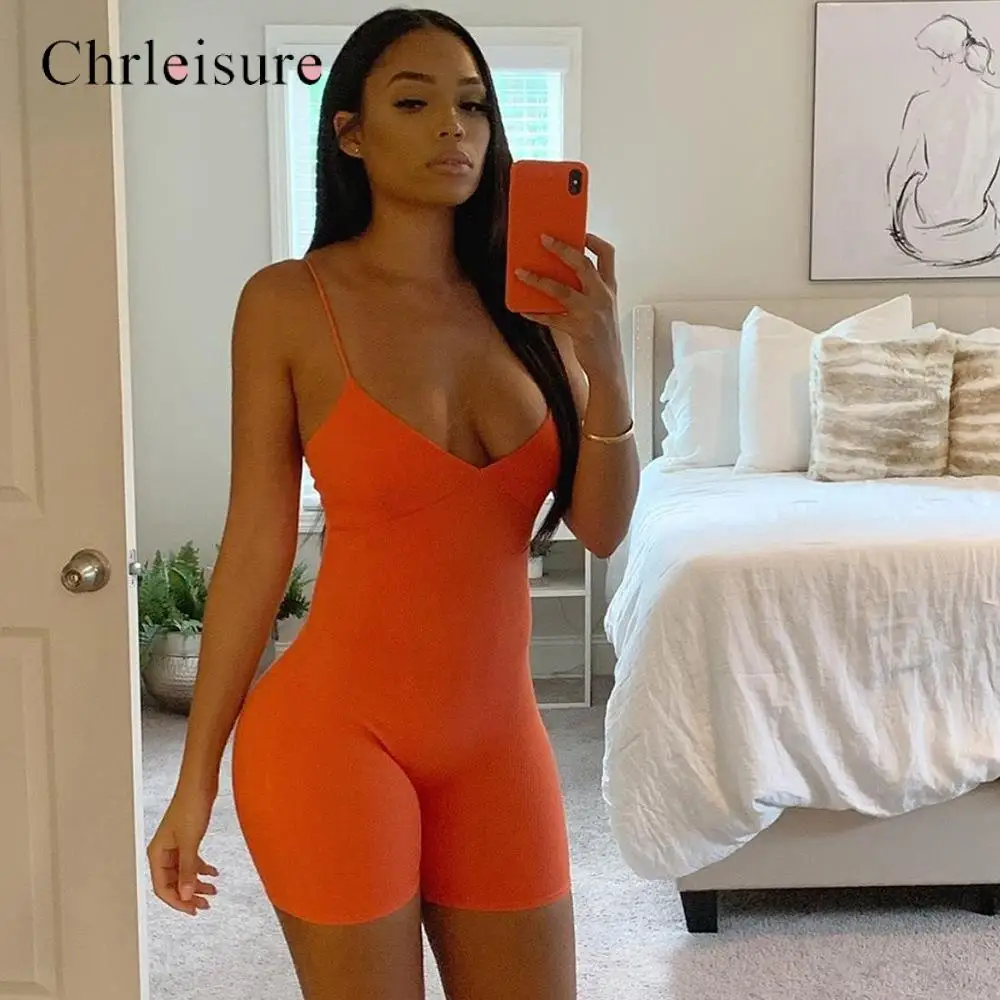 Женский сексуальный комбинезон на бретельках 2019 однотонный эластичный