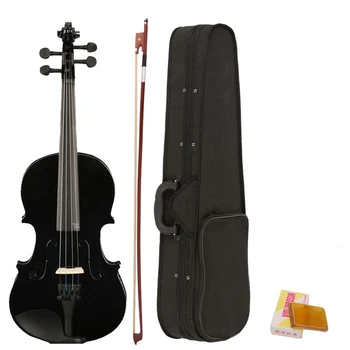 Violín acústico de tamaño completo 4/4, violín negro con estuche, colofonia de arco hecha de madera compuesta, plástico, ébano y cola de caballo blanco
