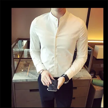 

2020 New Quality Black Men's Casual Shirt, Long Sleeve Shirt Skinny Men's Collar, Pure Color Spring Shirt