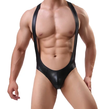 

Sexy Lingerie Mens Jockstrap Bodysuit Wrestling Singlet Imitation Leather Men Sexy Body Shaper Bodybuilding Jumpsuit Leotard