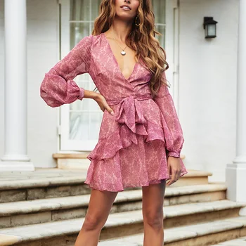 

Women casual summer dress flower print V-neck long-sleeved dress belt lotus leaf decoration Vestidos