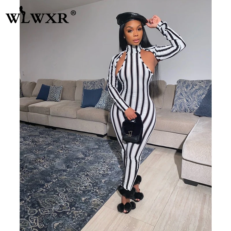 Белый WLWXR в розовую полоску с низким вырезом на спине женские Bodycon длинный комбинезон Для женщин облегающие Клубные пикантные комбинезоны Для женщин s комбинезон женский комбинезон - Цвет: Белый