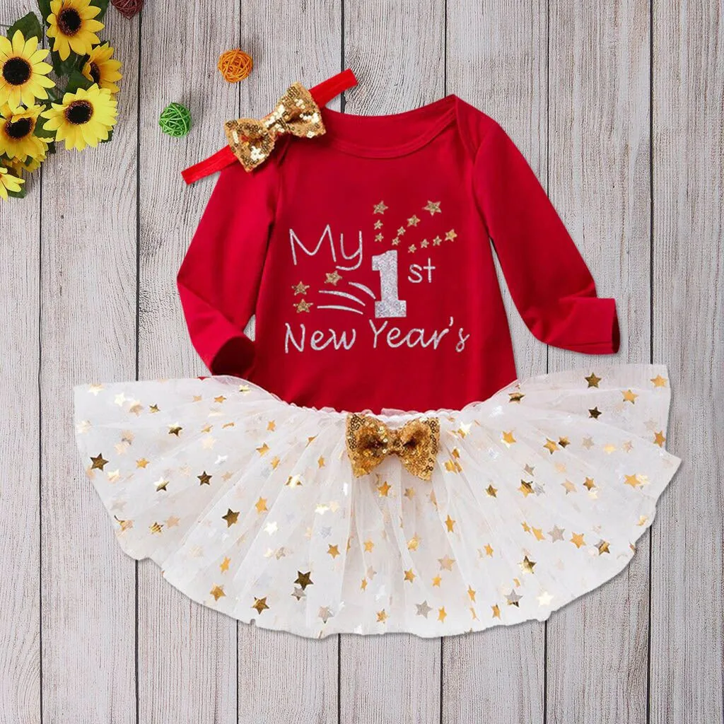 Комплекты одежды из 3 предметов для маленьких девочек Комбинезон с надписью «My First new year Day», юбка-пачка повязка на голову комплекты одежды для новорожденных девочек