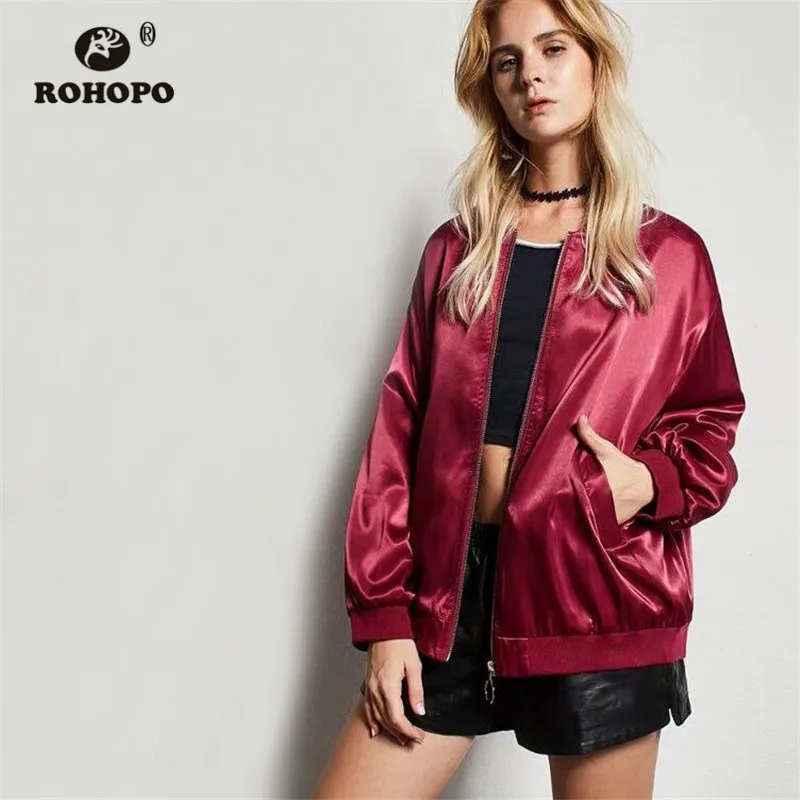 

ROHOPO Red Black Bomber Jacket Back Brid Embroidery Vintage Chic Autumn Woman Outwear #6907