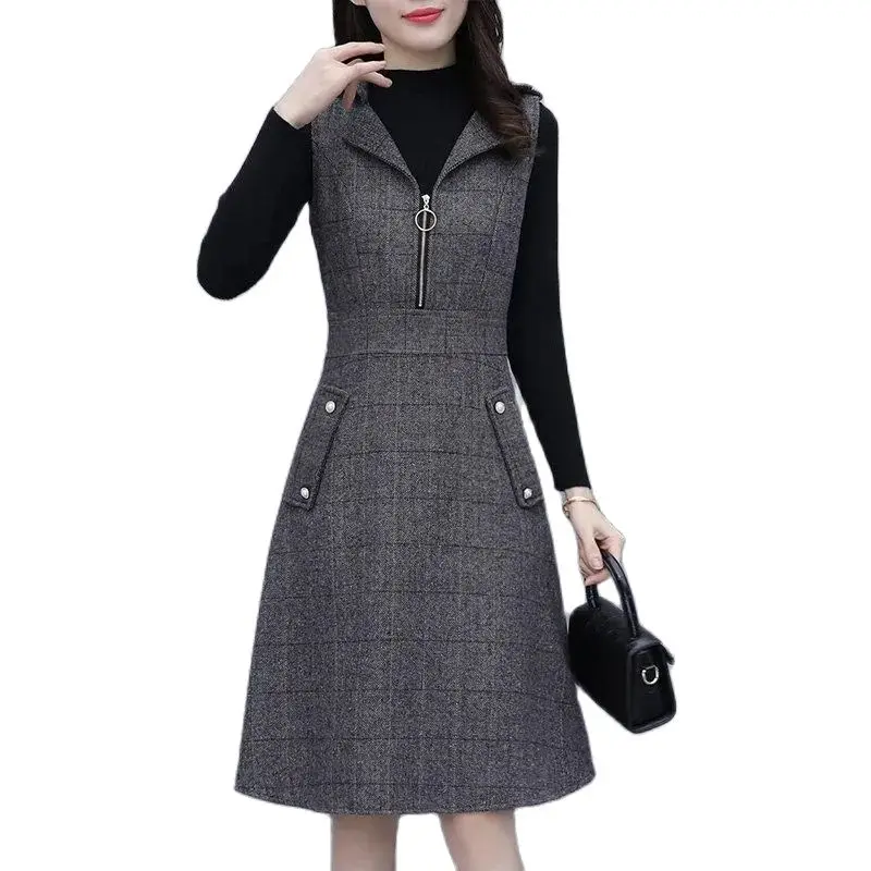 

Autumn winter New Women Woolen lattice Vest Dress Female Mid Long Fashion Sleeveless External Wear Women Dresses Vestidos R1488