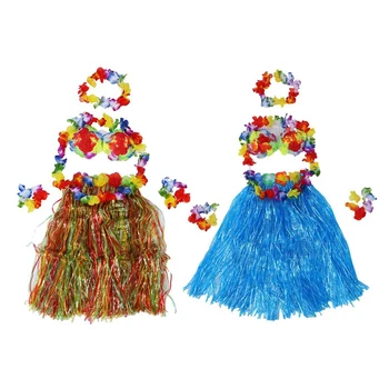 

2 Set Hawaiian Grass Skirt Flower Hula Lei Wristband Garland Fancy Dress Costume - Blue & Colorful
