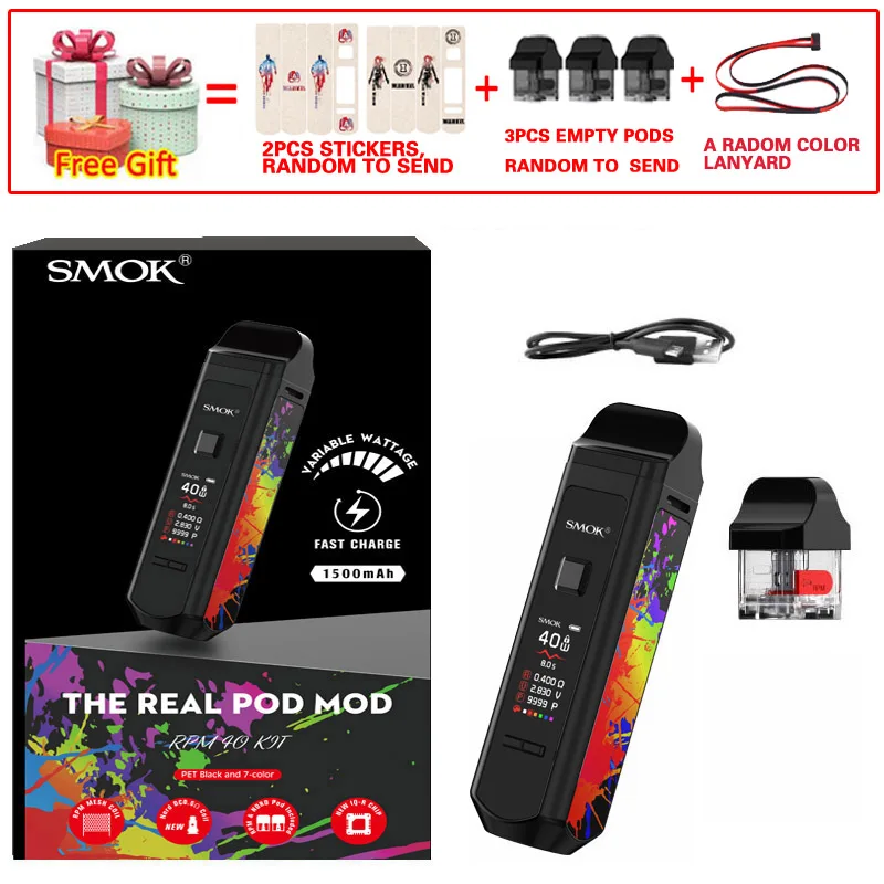 pet black and 7color Smok портативный Pod Mod 40 Вт набор электронных сигарет SMOK RPM40 Pod Vape 1500 мАч и 4,3 мл об/мин Pod и 4,5 мл об/мин Nord картридж POD Vapor - Цвет: pet black and 7color