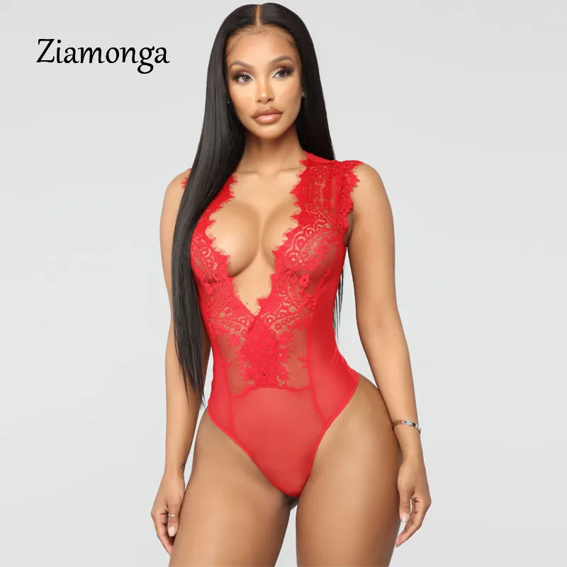 

Ziamonga Women Deep V Neck Hollow Out Floral Lace Bodysuit Summer 2019 Female Sleeveless Sheer Body Top Clothes Ladies Bodysuits