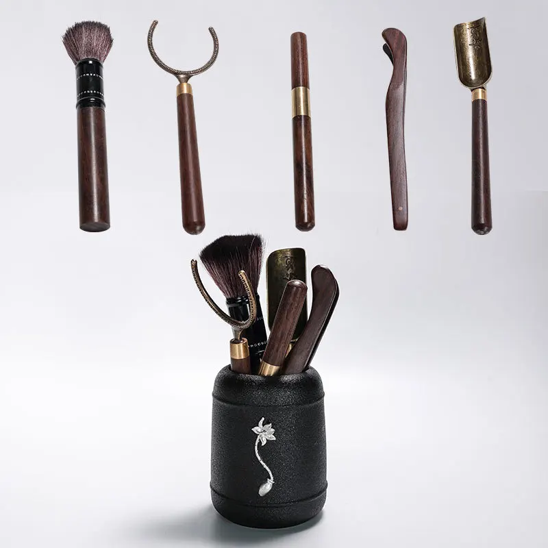 

Black Pottery Tea Road Six Gentlemen Black Sandalwood Fittings Set Tea House Business Gifts