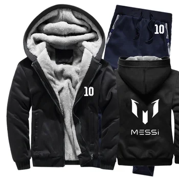 

Winter Hoodies Men Messi 10 Print Mens Hoodies Suit Thicken Warm Fleece cotton Zipper Tracksuit Mens Jacket+Pants 2Pcs Sets