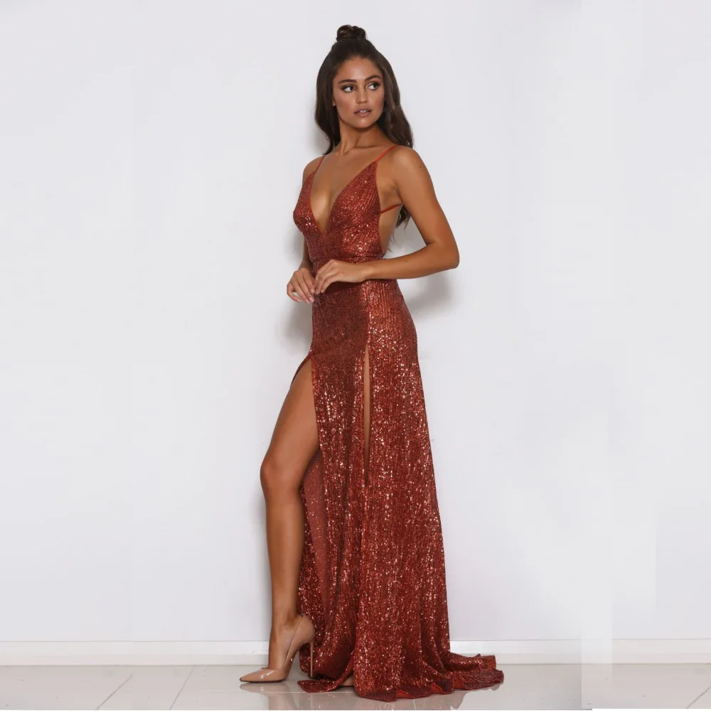 High QualitY Strap Sexy Sequiend Dress Celebrity Women Fashion Night CLub High Slit Evening Party Dresses