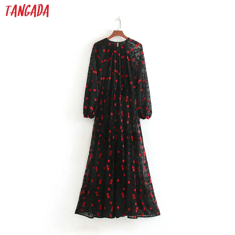 Tangada women elegant embroidery mesh dress o neck long sleeve fashion lady black party long vestidos CE114
