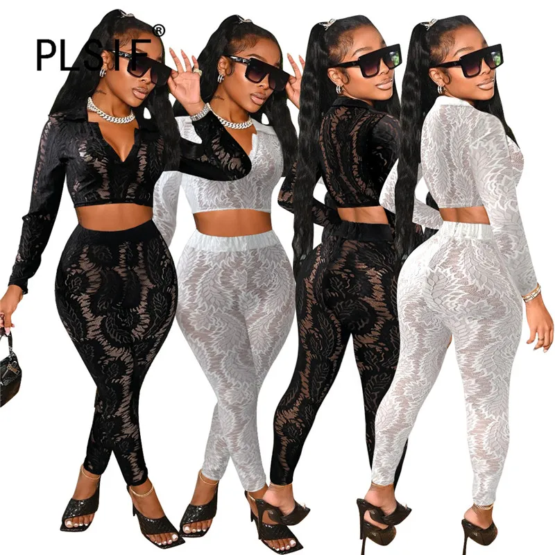 Women Set Lace Crop Top And Long Pant Sheath 2 Pieces Outfits Female