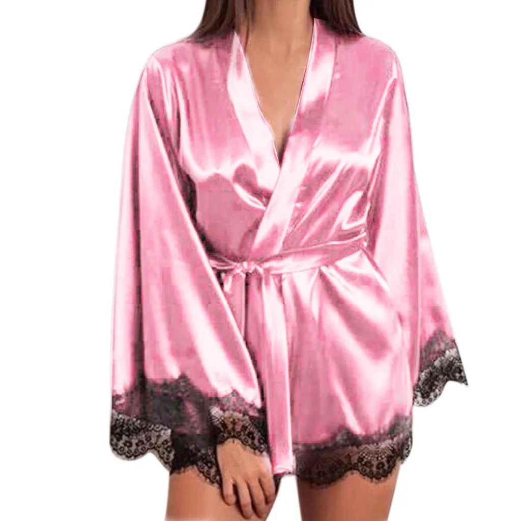 Модное женское сексуальное кружевное нижнее белье с длинными рукавами для девочек, имитация шелка со льдом, комплект для сна, женские ночные рубашки - Цвет: Pink