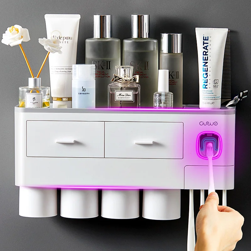 

Wall Mounted Bathroom Accessories Toothbrush Holder Automatic Toothpaste Dispenser Holder Rack With Cup Storage Set