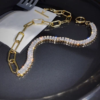 Korean new design fashion jewelry thick chain luxury shiny asymmetric copper inlaid zircon OT buckle female short necklace
