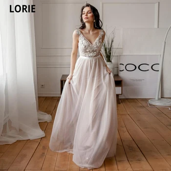 

LORIE 2021 New Wedding Dresses Beach V-Neck Sleeveless Lace Appliques with Beading Boho Bridel Gowns Open Back Charming Dress