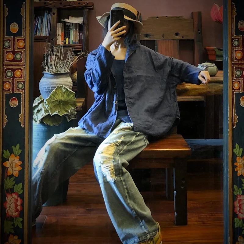 luo gu ni оригинальная Осенняя рубашка с воротником, льняное пальто с подкладкой 1565