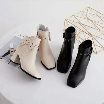 

Luxury Brand Ankle Boots for Women Genuine Leather Square Toe Buckle Decor Classic Style Square Heels Side Zipper 2020 Winter