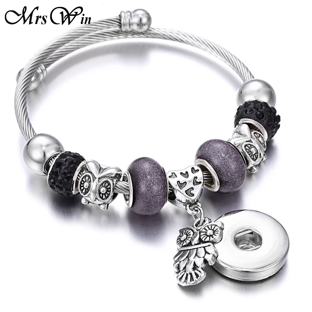 

2019 New Snap Jewelry 18mm Snap Button Bracelet Handmade Beaded Snap Cuff Bracelets Bangles DIY Owl Charm Bracelet