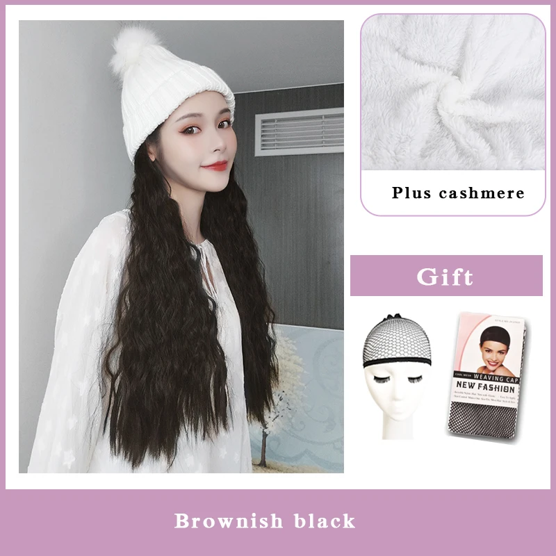 Новая мода Черный Белый Синий Зимняя вязаная шапка с 4 цветами синтетические волосы Удлинение Длинные накладные волосы парик кепка для женщин парики для женщин - Цвет: ZZM01-B-Y1-4