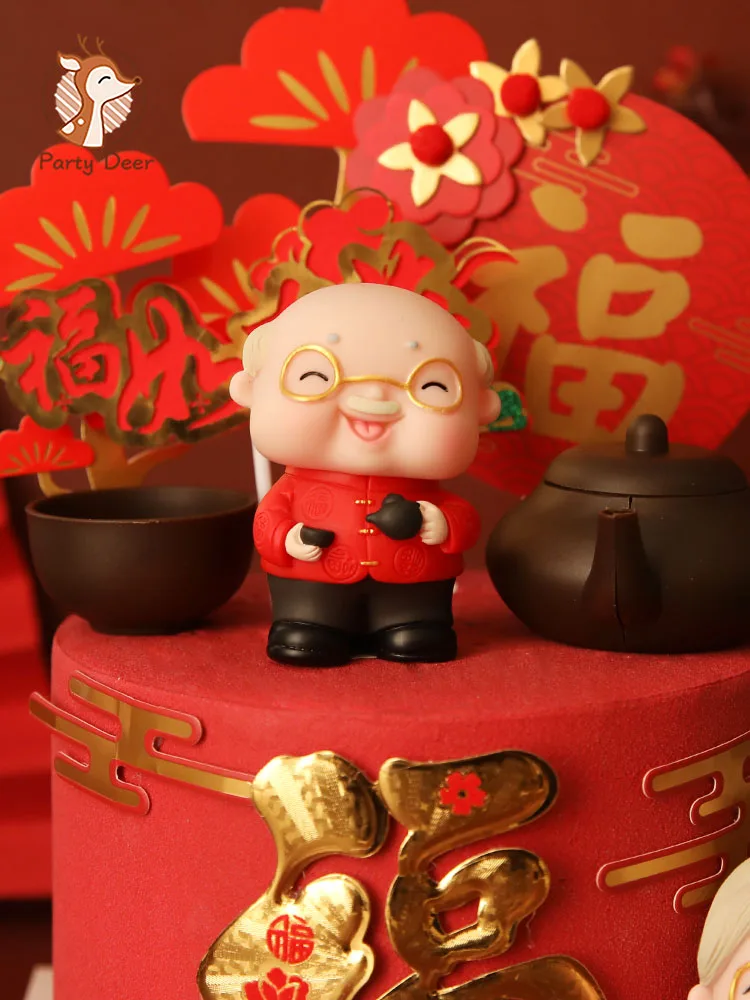 Longlife Old man teapot Grandpa cat Grandma Cake Topper Longevity Birthday Party Decoration Blessing Baking Supplies Desser