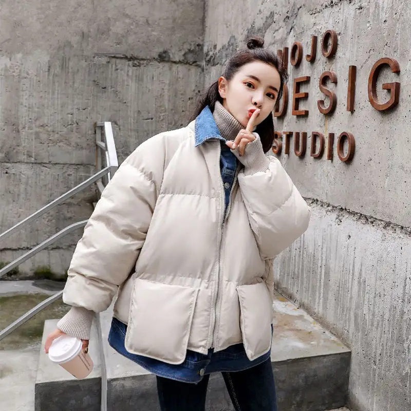 Denim Stitching Fake Two-Pieces Women Winter Jacket BF Style Coat Women Pockets Casual Cotton Parkas Mujer Warm Outerwear C5761 - Цвет: 8001 beige