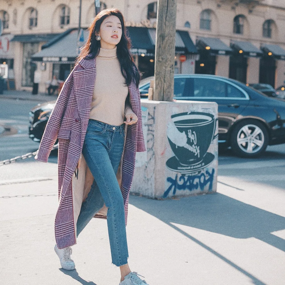 

Photo Shoot 2018 Winter New Style WOMEN'S Dress-Style Retro British Style Waist Hugging Plaid Woolen Long Coat Woolen Jacket