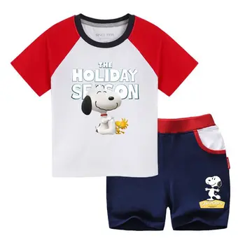 

Snoopy summer cartoon breathable cotton children's boys fashion short-sleeved T-shirt + casual short pants suit set