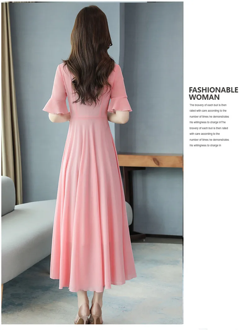 Vestido de Chiffon Moda com Decote em v Coreano Verão Nova Mangas Alargadas Magro Era Temperamento Fino Vestido Grande Balanço 2021 10 moda com decote em v mangas alargadas