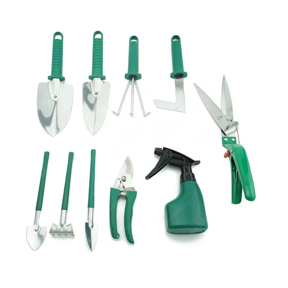 10 Pcs Garden Tools Set Stainless Steel Manual Control Tools with Carrying Case Shovel Rake Scissors Watering Hand