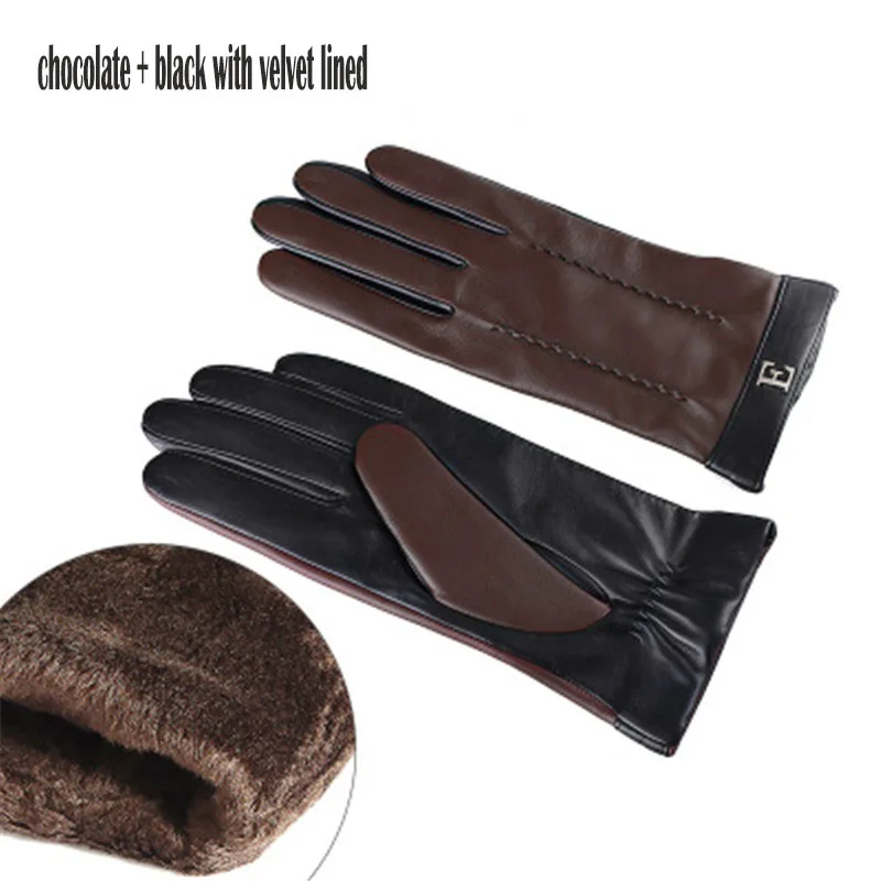 chocolate black Женские перчатки из натуральной кожи; сезон осень-зима; теплые плюшевые модные Лоскутные женские перчатки из овечьей кожи; ; TE3326 - Цвет: chocolate black