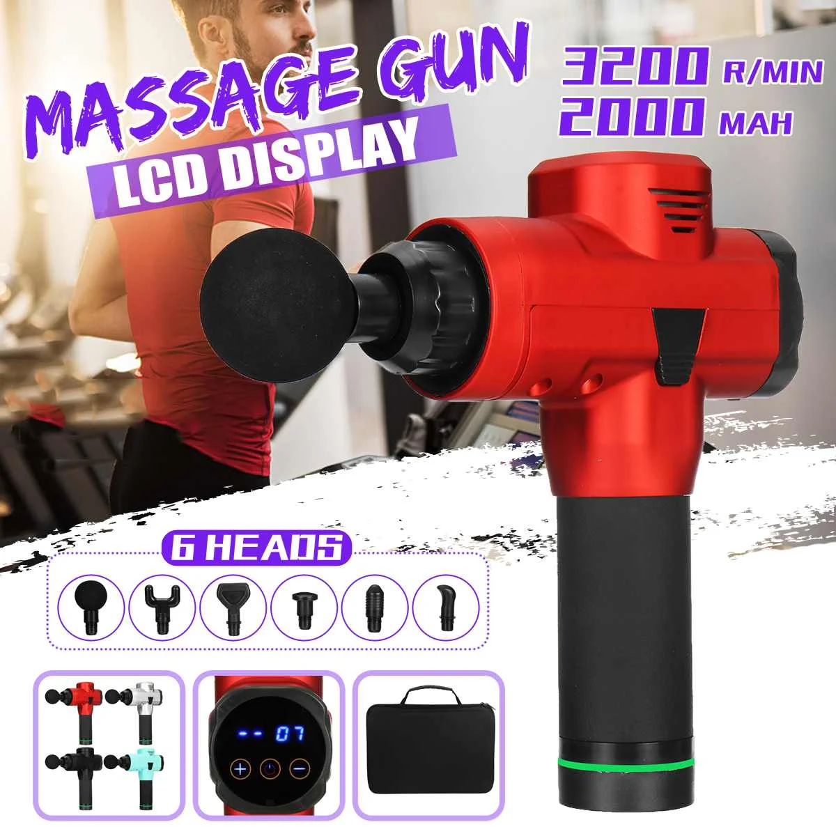 

LCD Display 20 Gear Electric Therapy Massager Body Deep Muscle Massage Guns Home Deep Tissue Pain Relief Sport Relax+Bag+6 Heads