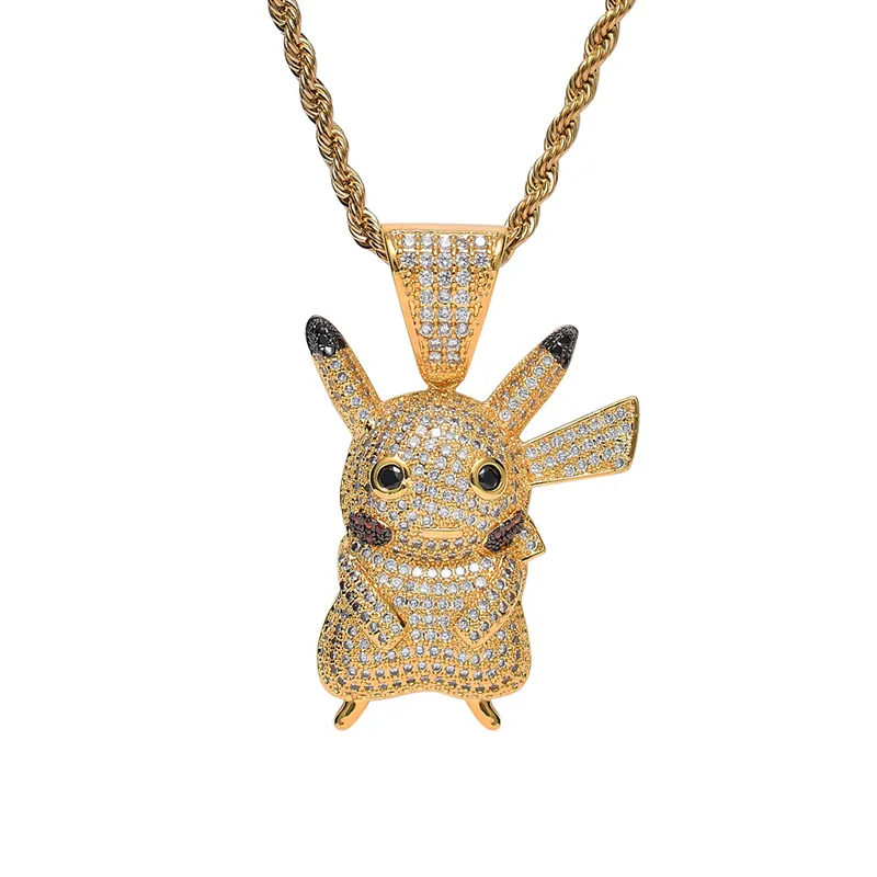 

Hip Hop AAA CZ Stone Bling Ice Out Silver Color Cartoon Pikachu Pendants Necklace Men Women Jewelry Gift