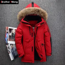 Мужская белая куртка-пуховик на утином пуху, новинка года, зимнее плотное теплое длинное пальто с большим меховым воротником и капюшоном, брендовая мужская одежда, цвет красный, серый, ArmyGreen