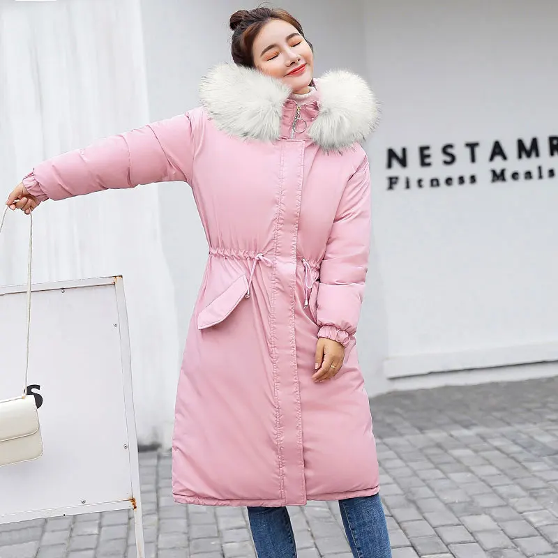 Большая Меховая зимняя женская теплая куртка Новая модная свободная пуховая куртка с капюшоном и хлопковой подкладкой пальто Женская Толстая длинная парка верхняя одежда - Цвет: Pink Beige
