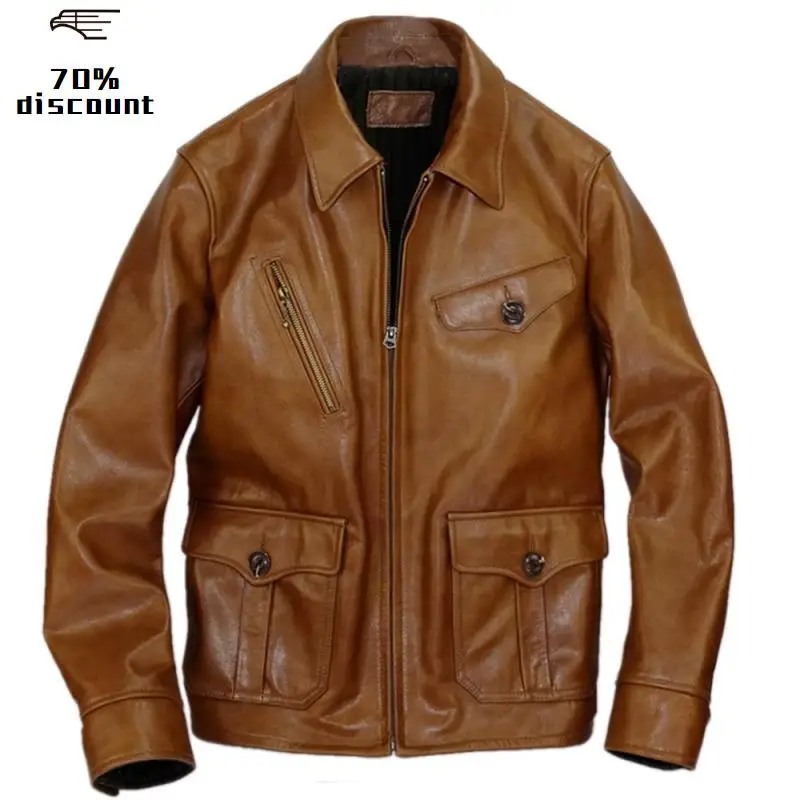 

2020 Brown Men American Casual Style Leather Jacket Plus Size XXXL Genuine Cowhide Autumn Slim Fit Leather Coat FREE SHIPPING