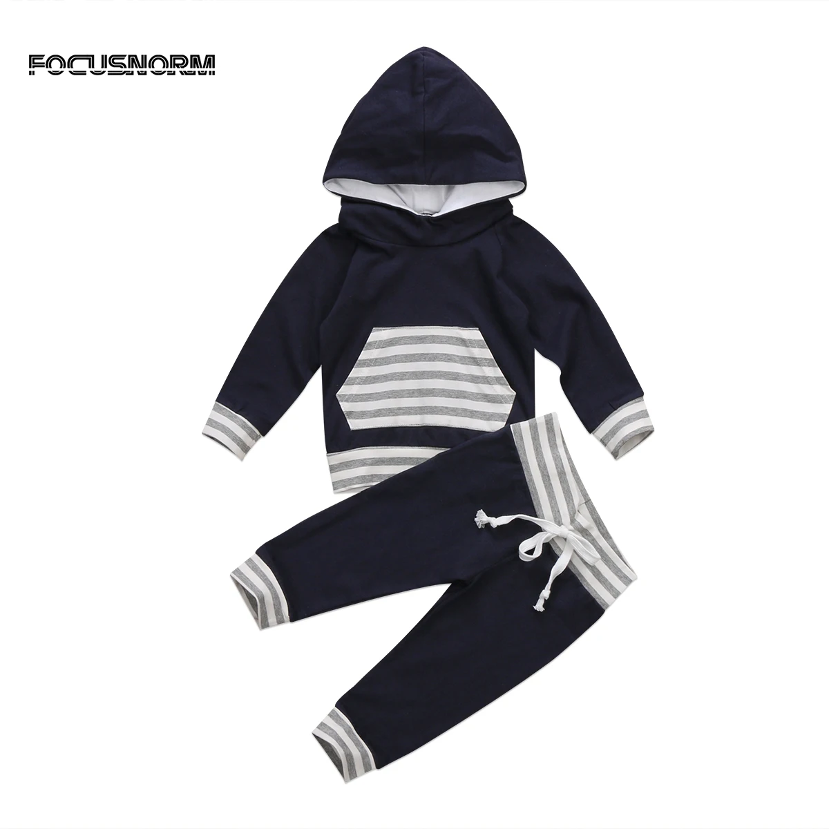 lovely Newborn Baby Boys Striped outfits long sleeve pocket Hooded sweatshirt long blue Pants Leggings Set Clothes for baby