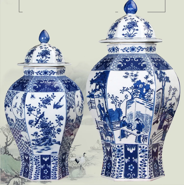 Винтажная сине белая китайская ваза с крышкой керамическая Имбирная банка ретро