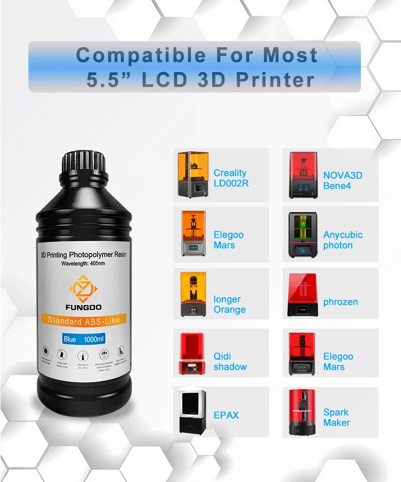 FUNGDO 3D Printer Resin  Standard ABS-like 3D Material Photopolymer 405nm UV light Sensitive  for  LCD 3D Printer 1000g/500g