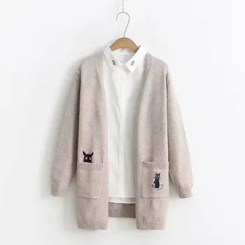 

Fall/winter new sweater women's pockets in the academic style long sweater cardigan coat loose embroidery cat coat