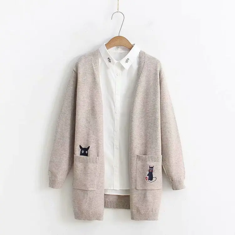 #Special Offers Fall/winter new sweater women's pockets in the academic style long sweater cardigan coat loose embroidery cat coat