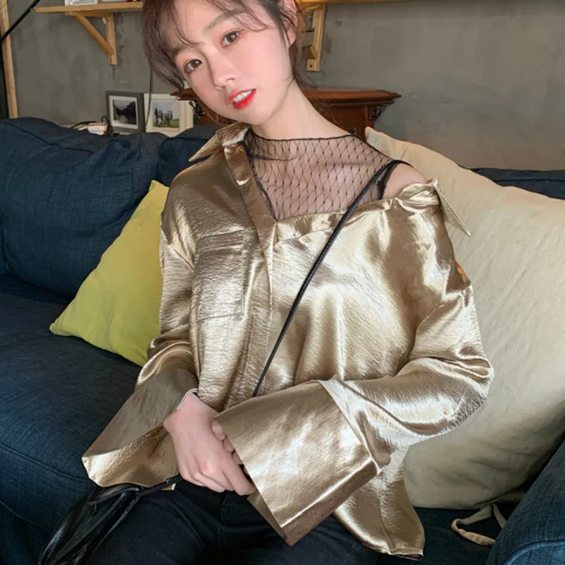 

2019 Chic Fashion Women Long Sleeve Satin Shirts Women Mesh Spliced Satin Blouses Lady Off One Shoulder Long Sleeve Tops